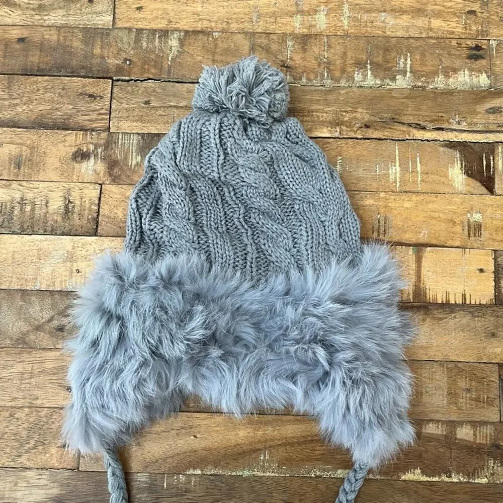 Gray Women's Trapper-Style Hat Braided Cable Knit Genuine Fur Trim